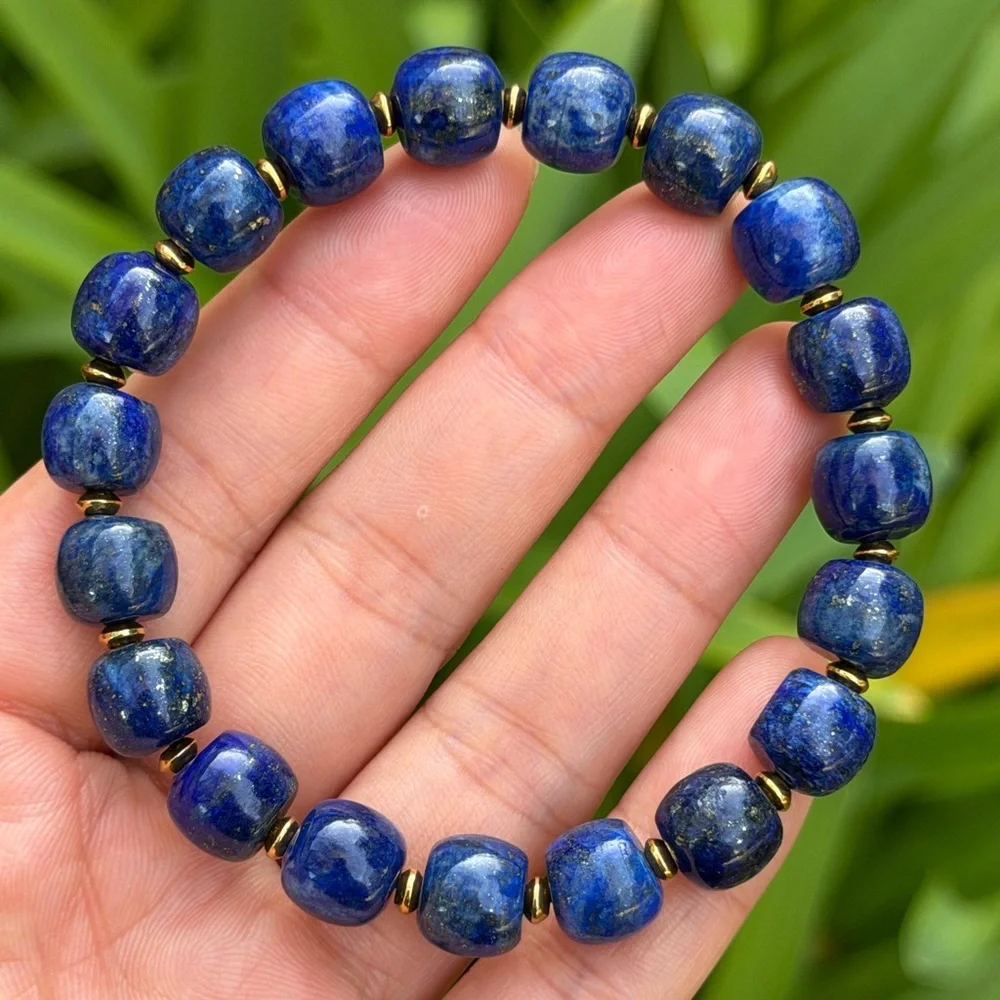 10mm stretchable stainless steel‎ blue lapis barrel shape bracelet 0808